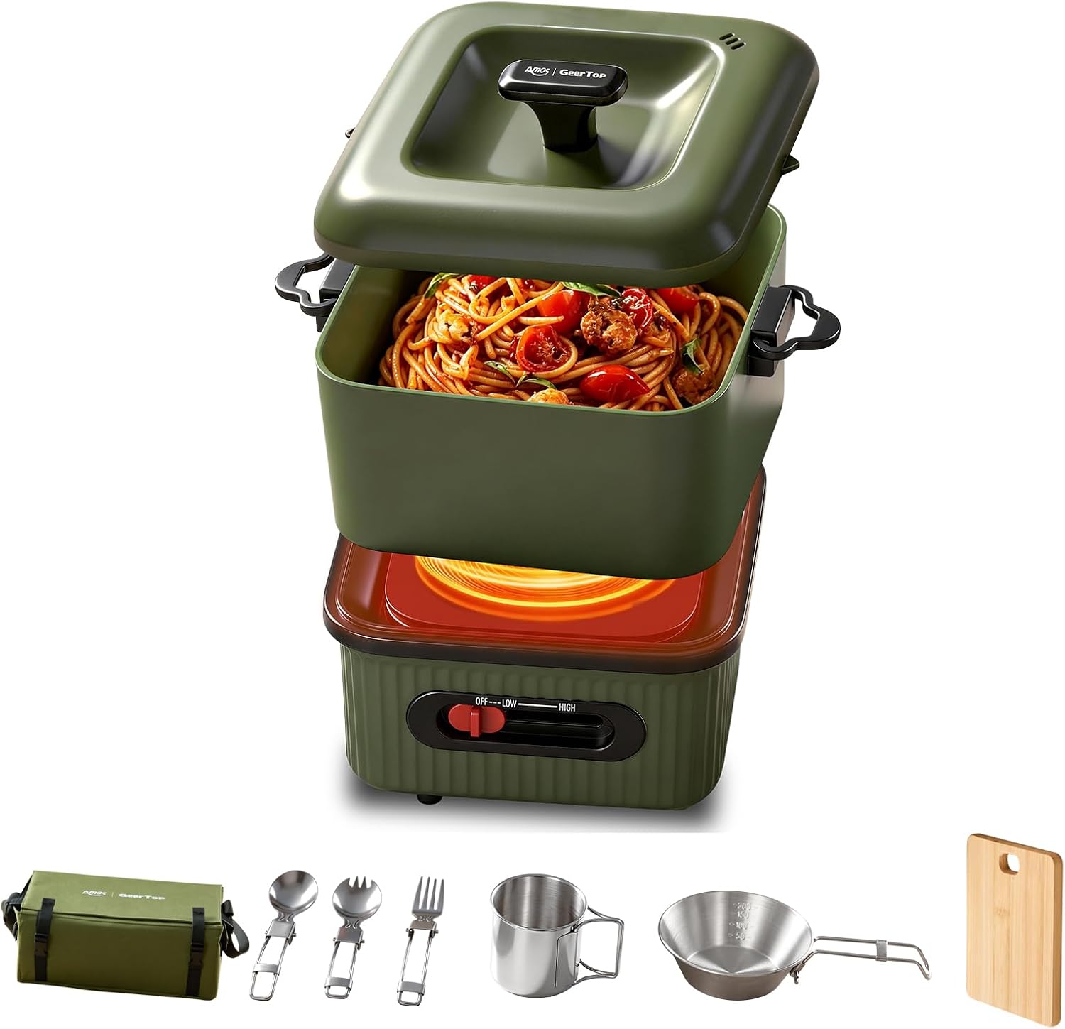GEERTOP AMOS Portable Electric Hot Pot 1.4 qt with Cookware Set Green