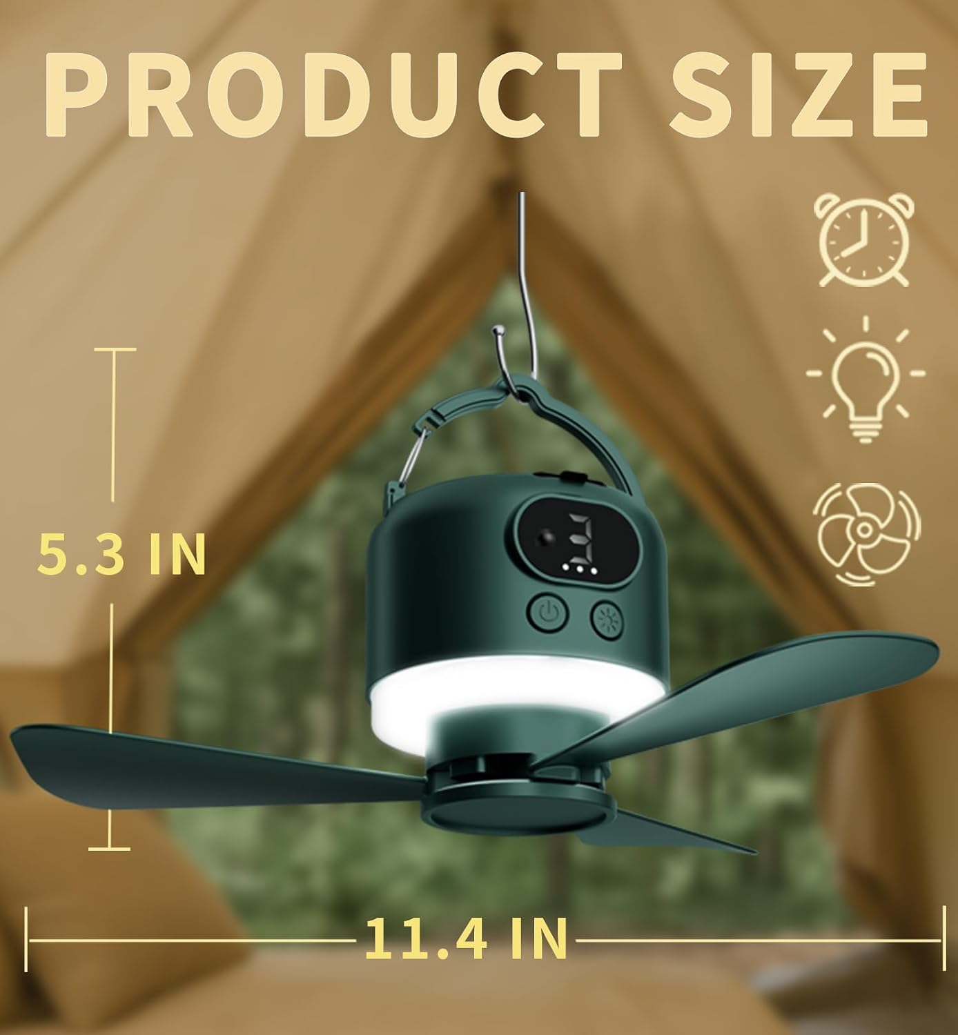 Geonfi 11-Inch Wireless Portable Camping Ceiling Fan with LED Light and Remote Green