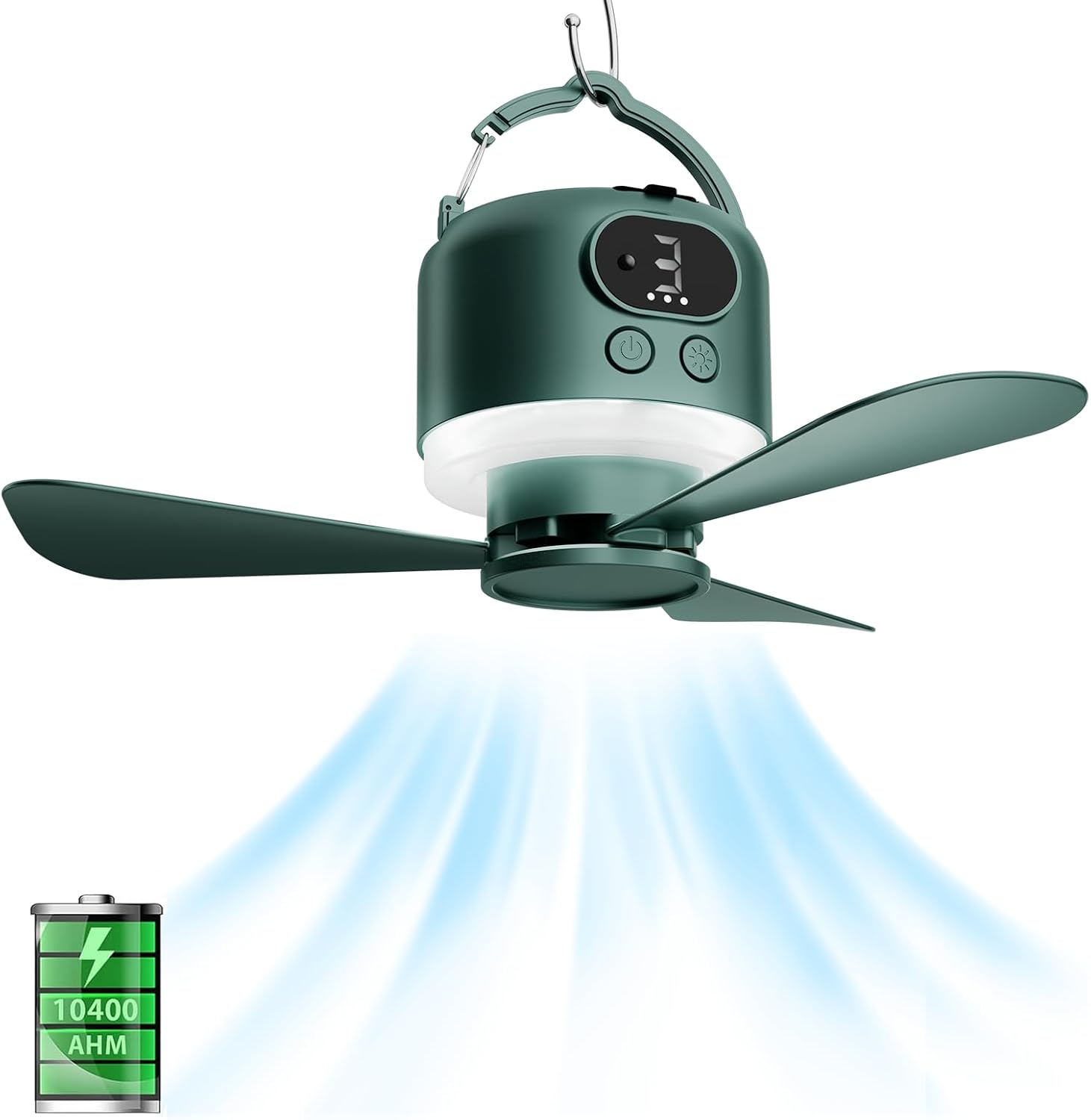 Geonfi 11-Inch Wireless Portable Camping Ceiling Fan with LED Light and Remote Green