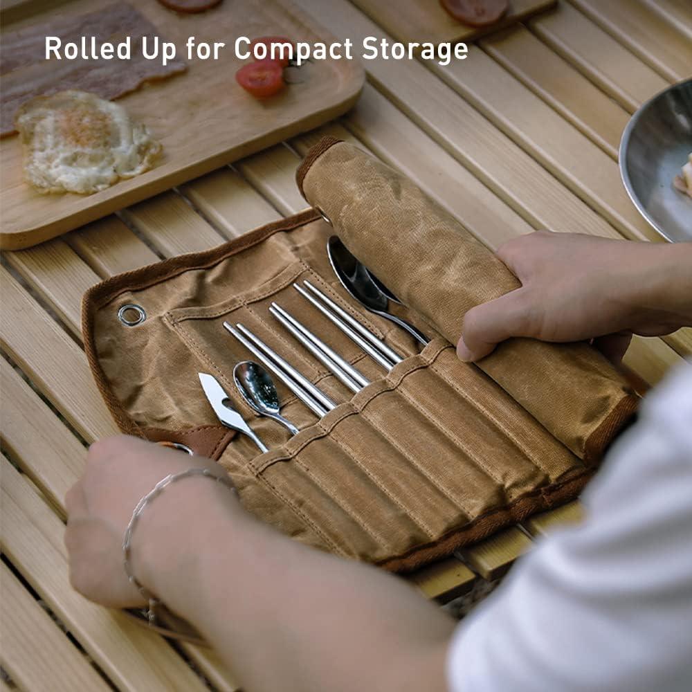 GEERTOP Canvas Cutlery Roll with 11-Piece Utensil Set
