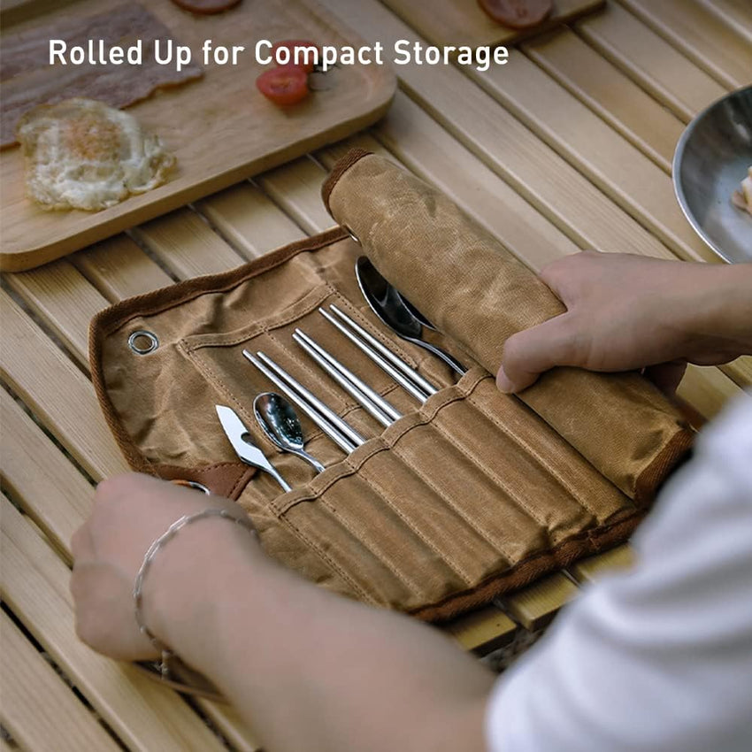 GEERTOP Waxed Canvas Cutlery Roll with 11-Piece Utensil Set