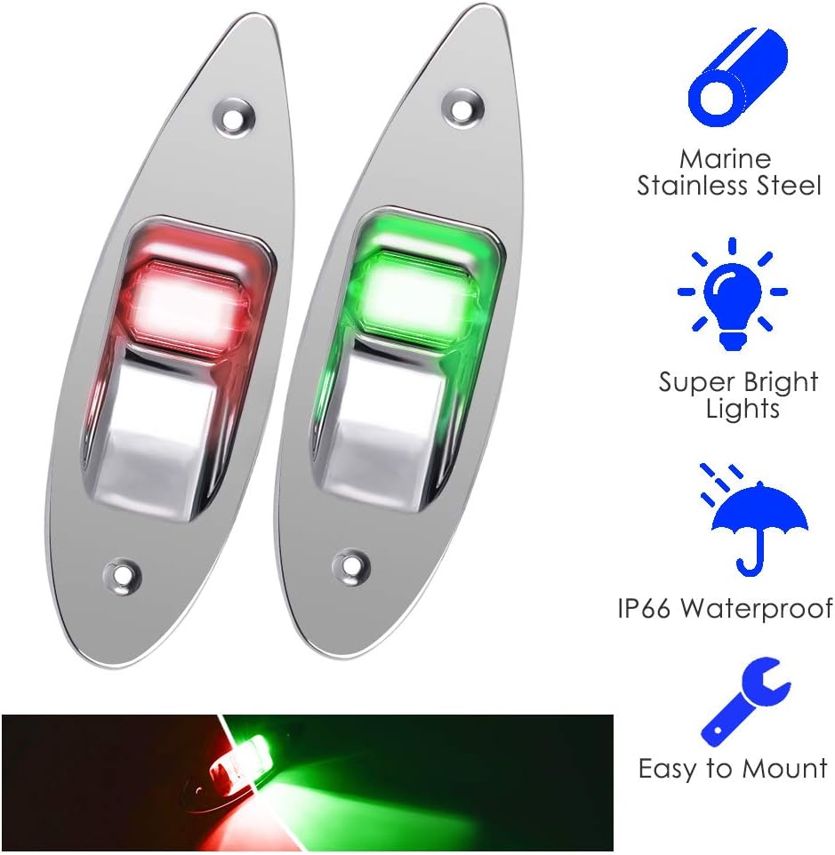 One Pair Boat Navigation Lights Boat LED Bow Light Teardrop 12V Stainless Steel Marine Sidelight Red & Green Sailing Signal Lights for Pontoon, Skiff, Small Boat, More