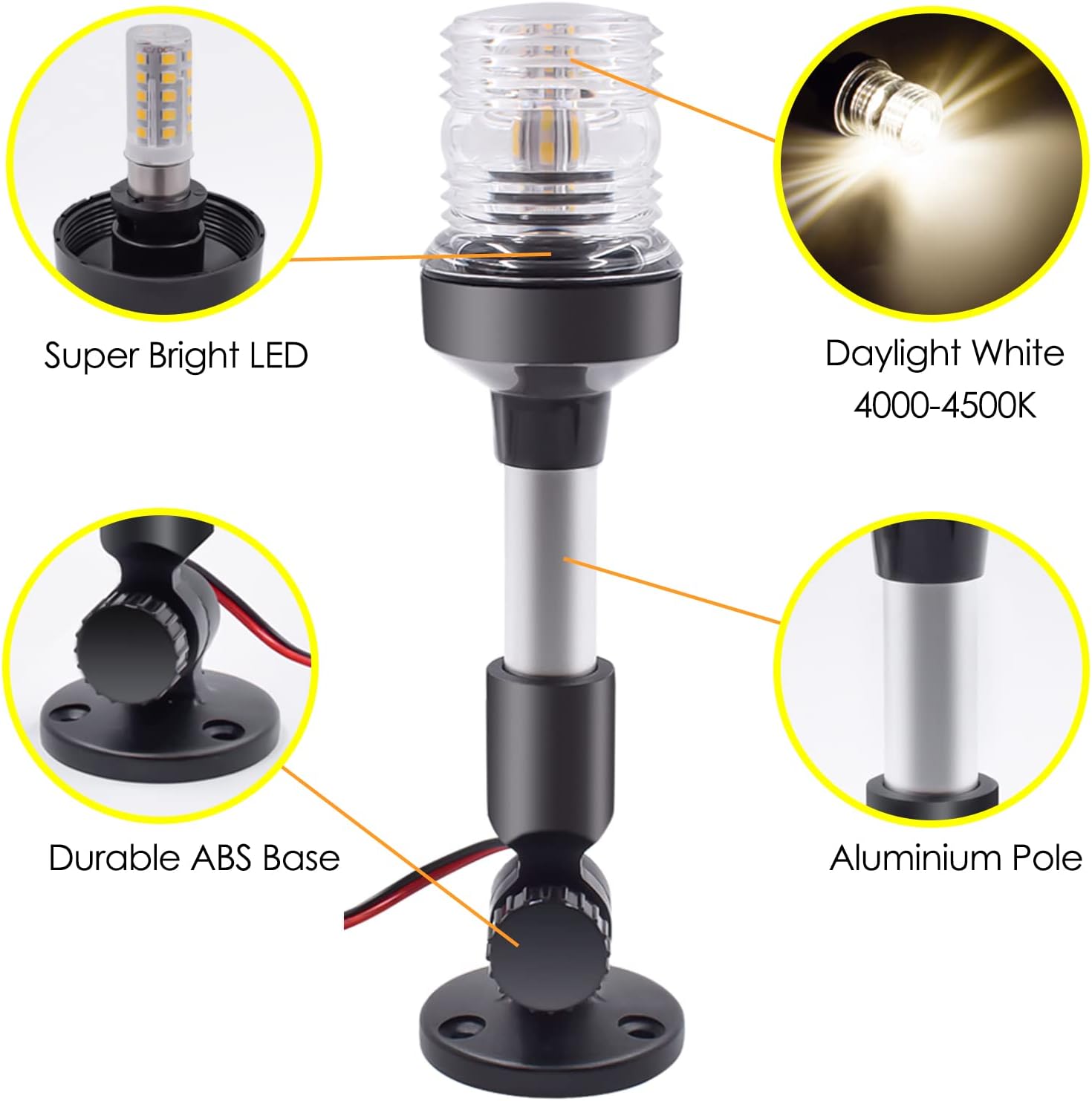 9 Inches Led Stern Lights for Boats, 180° Fold Down Adjustable Boat Anchor Light, All Around 360° White Pontoon Stern Light, 12-24V IP66 Waterproof Boat Navigation Light