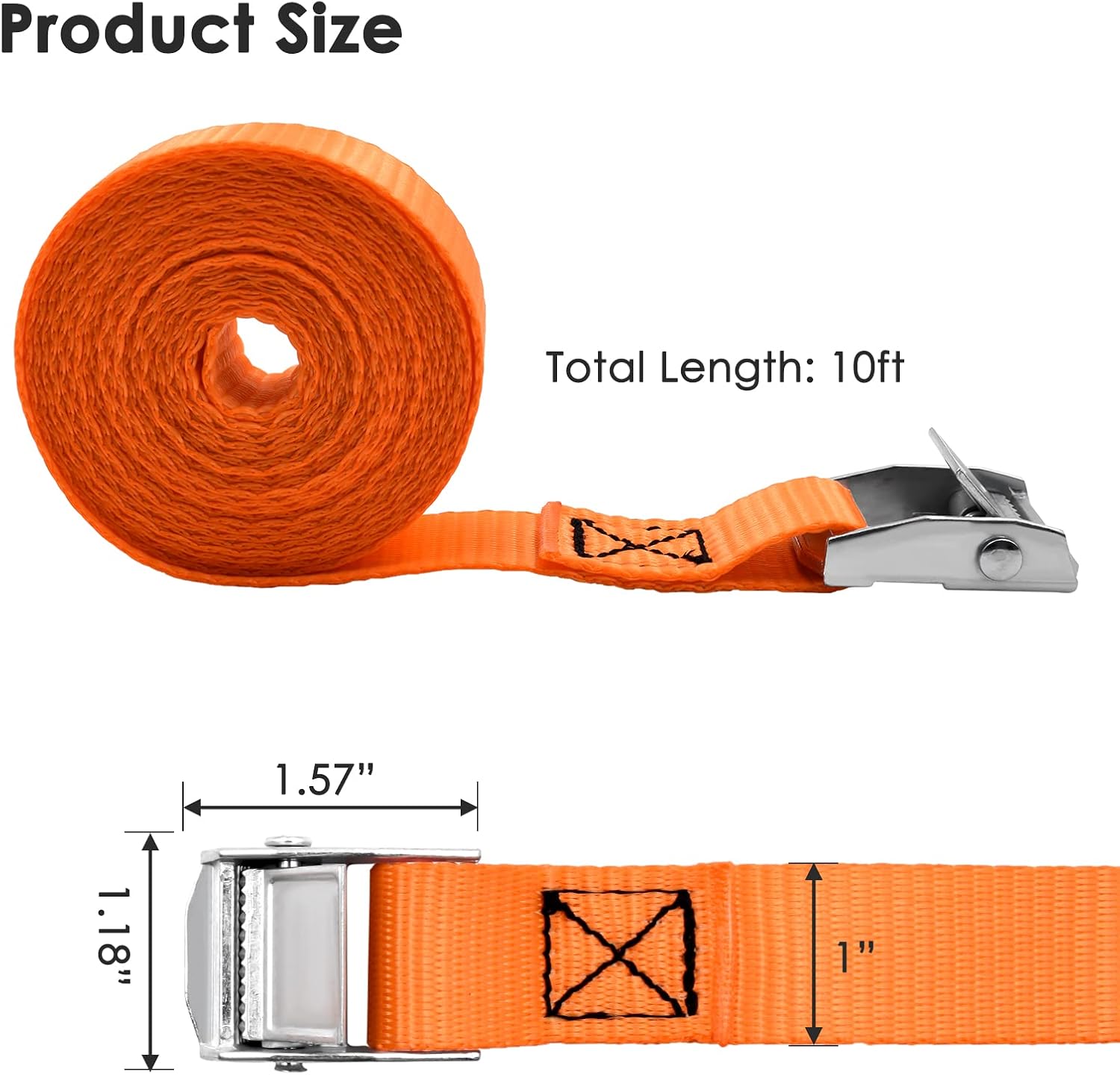 Lashing Straps 10' x 1'' Cam Buckle Tie Down Straps Heavy Duty Up to 800lbs for Cargo, Luggage, Bicycles, Motorcycles, Kayaks, Surfboards, Furniture & Moving Appliances (4PCS, Black & Orange)