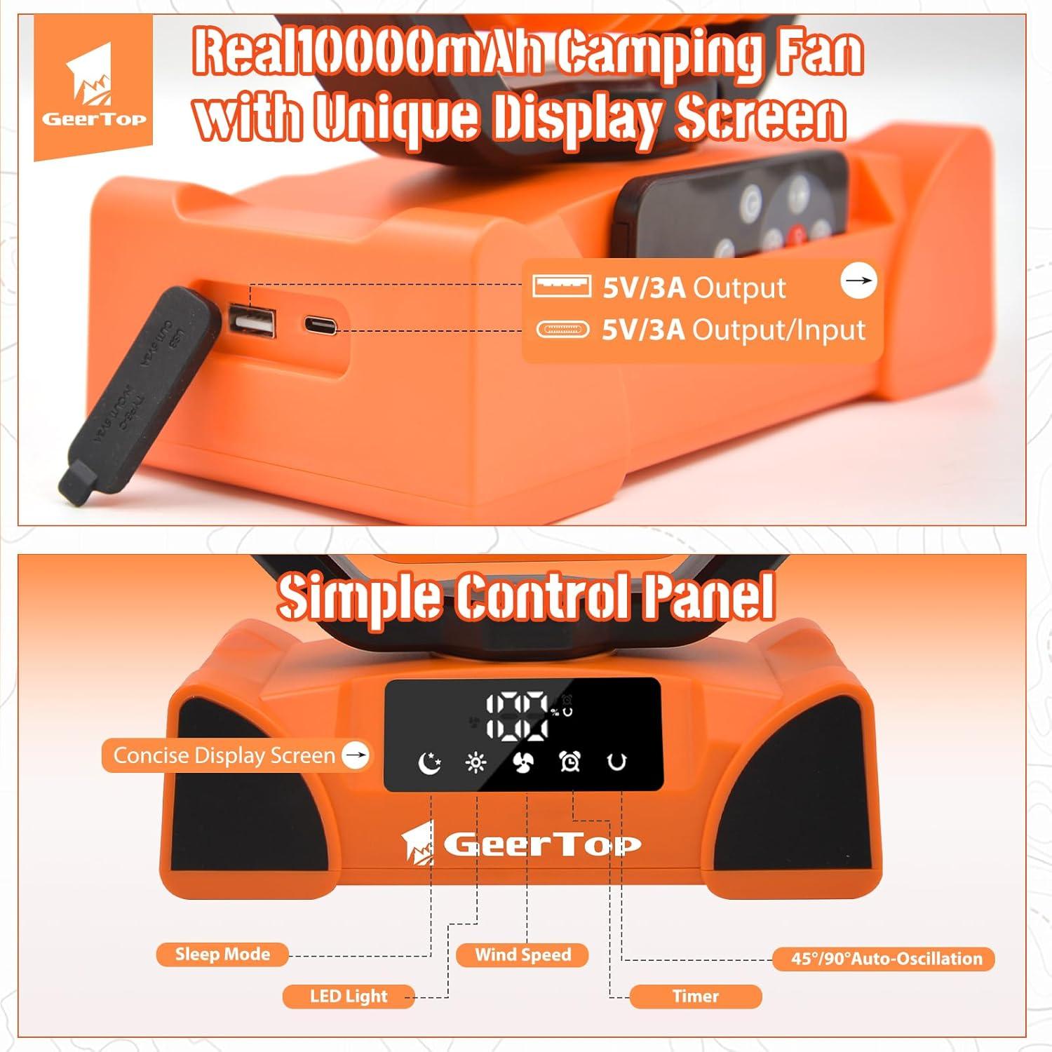 GEERTOP Rechargeable 5 Speeds LED Camping Fan - Orange - GeerTop Outdoor
