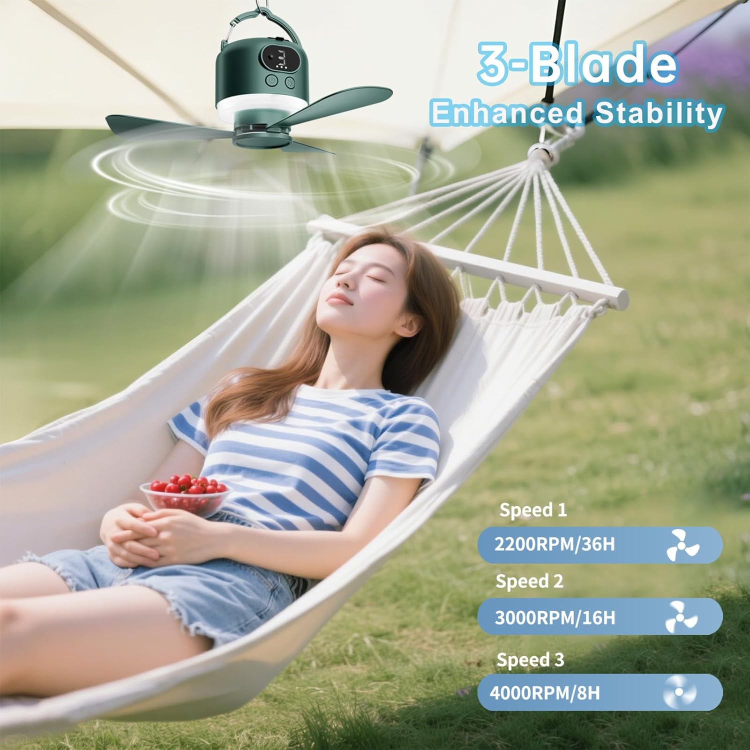 Geonfi 11-Inch Wireless Portable Camping Ceiling Fan with LED Light and Remote Green