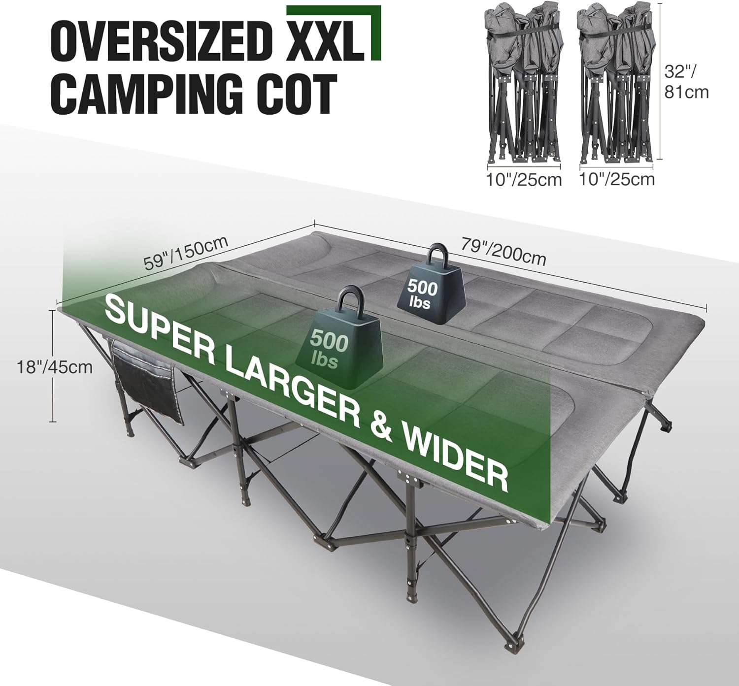 RedSwing 2-Person Folding Camping Cot Extra Wide Heavy Duty Grey