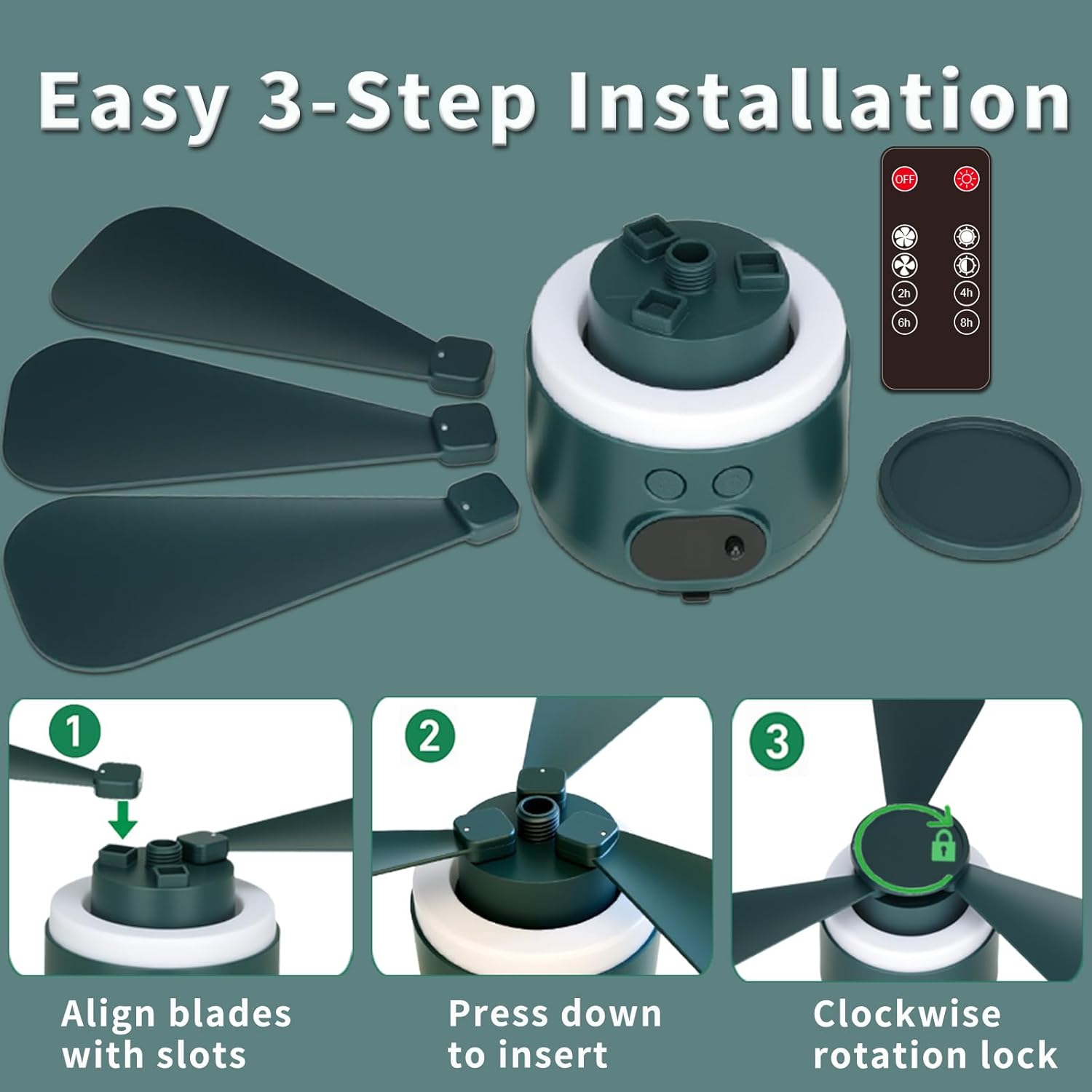 Geonfi 11-Inch Wireless Portable Camping Ceiling Fan with LED Light and Remote Green