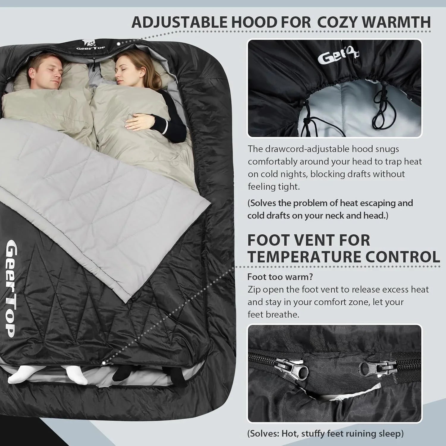 GEERTOP 2P Sleeping Bag - Detachable Blanket, Adjustable Pillow