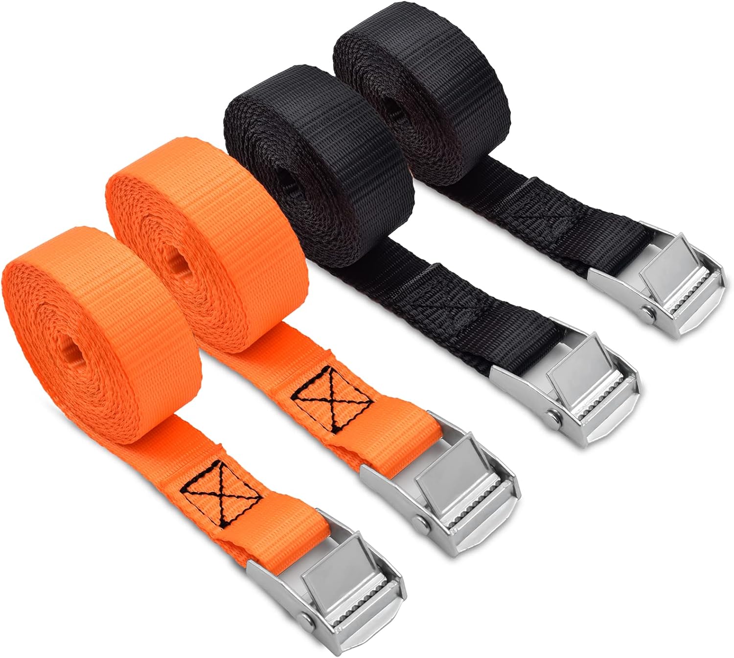 Lashing Straps 10' x 1'' Cam Buckle Tie Down Straps Heavy Duty Up to 800lbs for Cargo, Luggage, Bicycles, Motorcycles, Kayaks, Surfboards, Furniture & Moving Appliances (4PCS, Black & Orange)