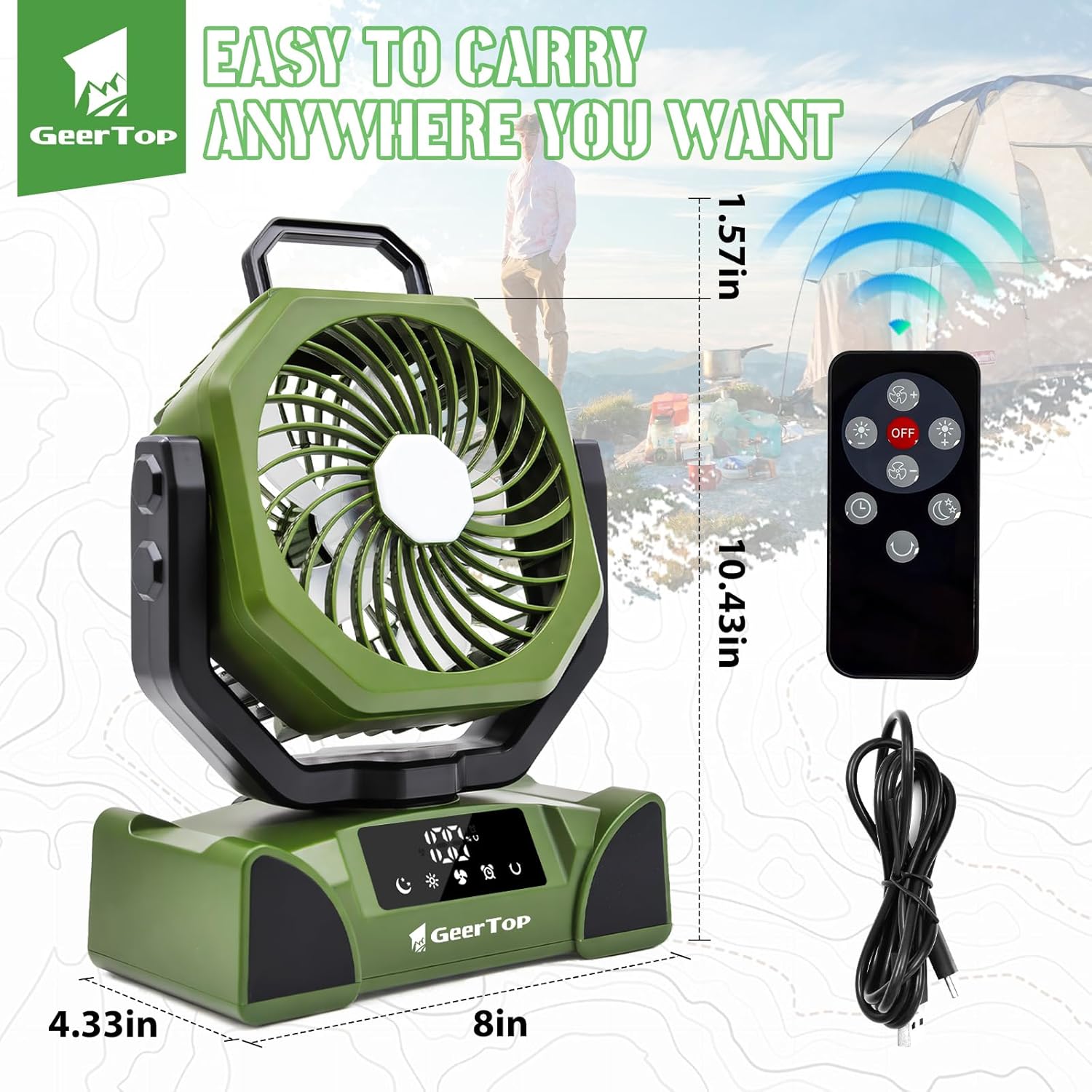 GEERTOP 20000mAh Portable Camping Fan Rechargeable, Battery Operated Tent Fans with LED Lantern for Outdoor Backpacking Travel