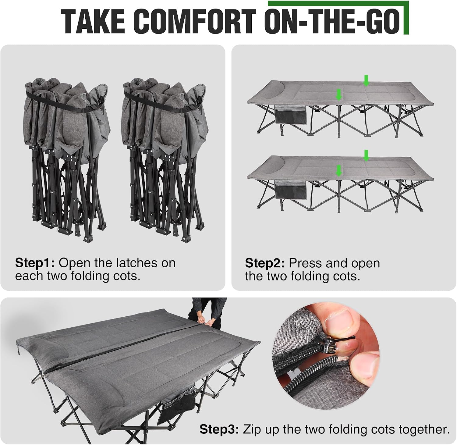 RedSwing 2-Person Folding Camping Cot Extra Wide Heavy Duty Grey
