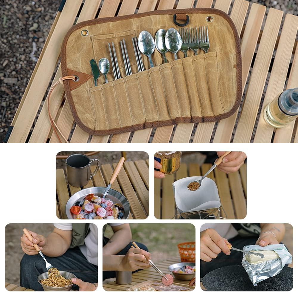 GEERTOP Canvas Cutlery Roll with 11-Piece Utensil Set
