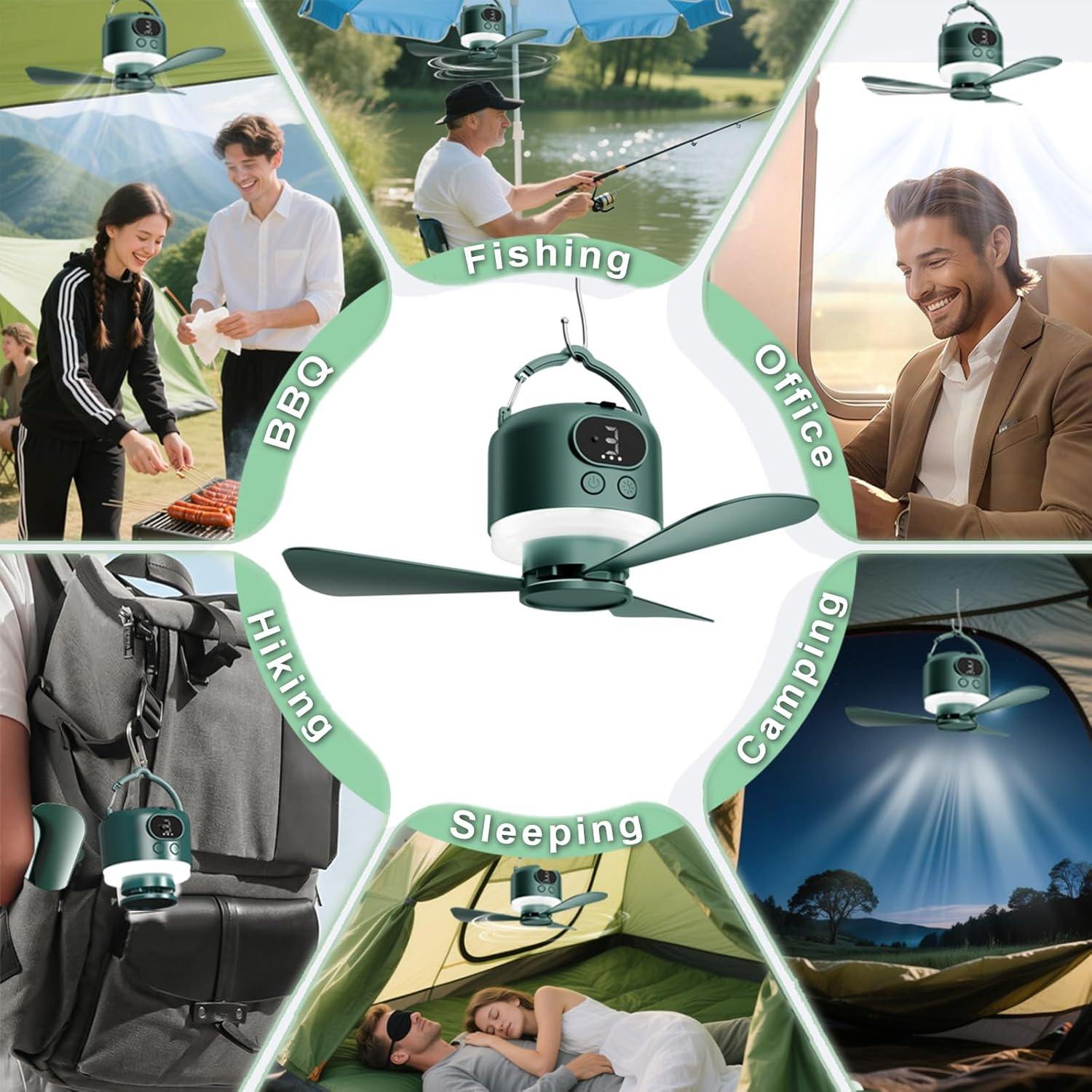 Geonfi 11-Inch Wireless Portable Camping Ceiling Fan with LED Light and Remote Green