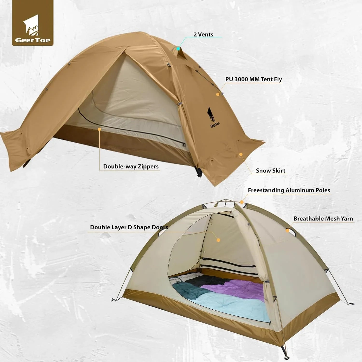 GEERTOP Khaki 4-Season Backpacking Tent - 3000mm Waterproof, 2-Person​