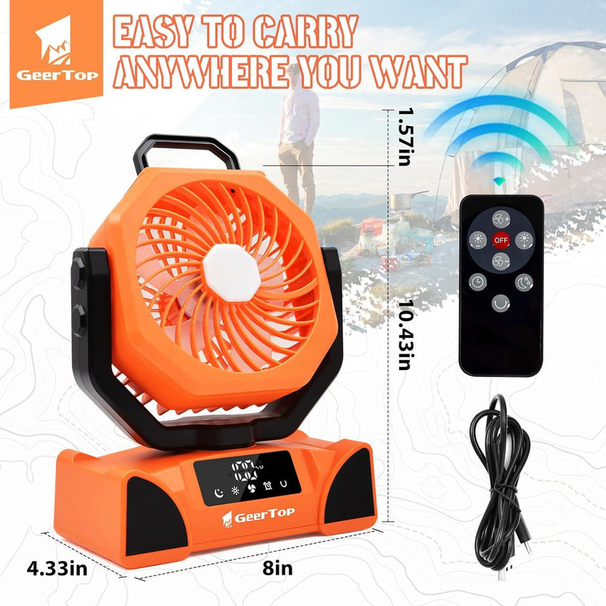 GEERTOP Rechargeable Outdoor Oscillating Fan with Remote - 10000mAh Battery Powered, 5 Speed Levels, Portable Camping Fan with Led Lanterns