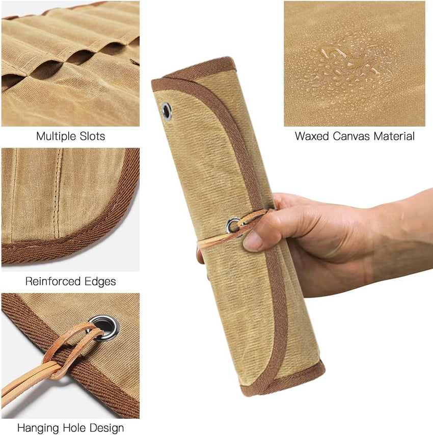 GEERTOP Waxed Canvas Cutlery Roll with 11-Piece Utensil Set