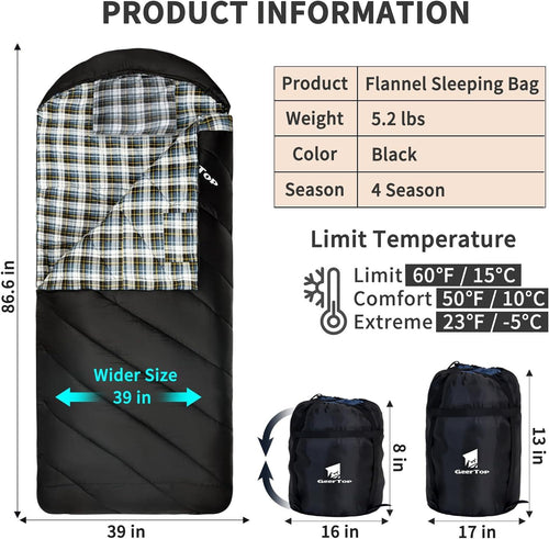 GEERTOP Oversized Flannel Sleeping Bag for Adults - GeerTop Outdoor