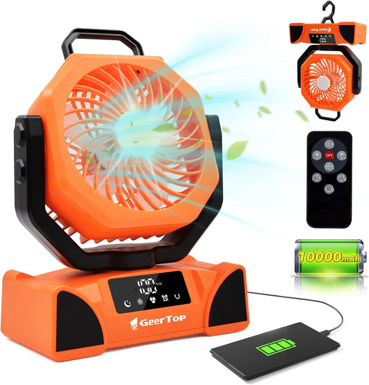 GEERTOP Rechargeable Outdoor Oscillating Fan with Remote - 10000mAh Battery Powered, 5 Speed Levels, Portable Camping Fan with Led Lanterns