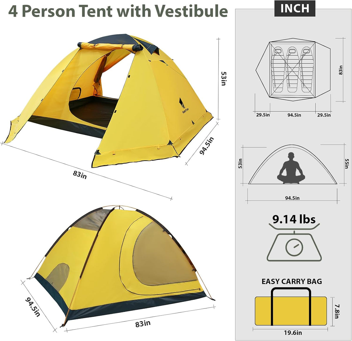 Toproad4 4 Person 4 Season Tent - Yellow