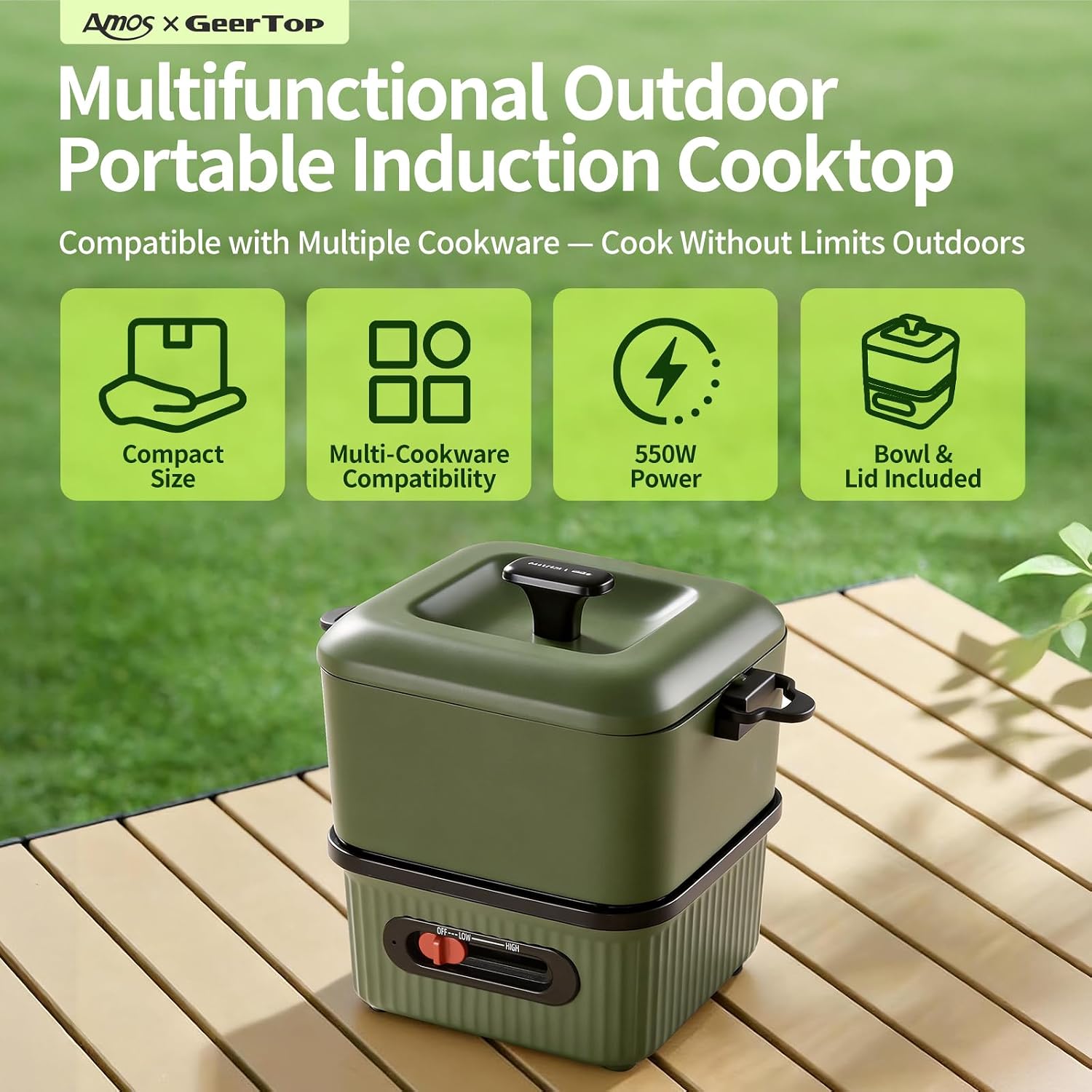 GEERTOP AMOS Portable Electric Hot Pot 1.4 qt with Cookware Set Green