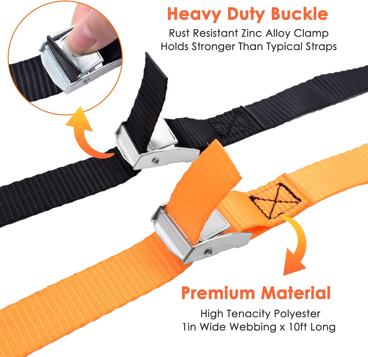 Lashing Straps 10' x 1'' Cam Buckle Tie Down Straps Heavy Duty Up to 800lbs for Cargo, Luggage, Bicycles, Motorcycles, Kayaks, Surfboards, Furniture & Moving Appliances (4PCS, Black & Orange)