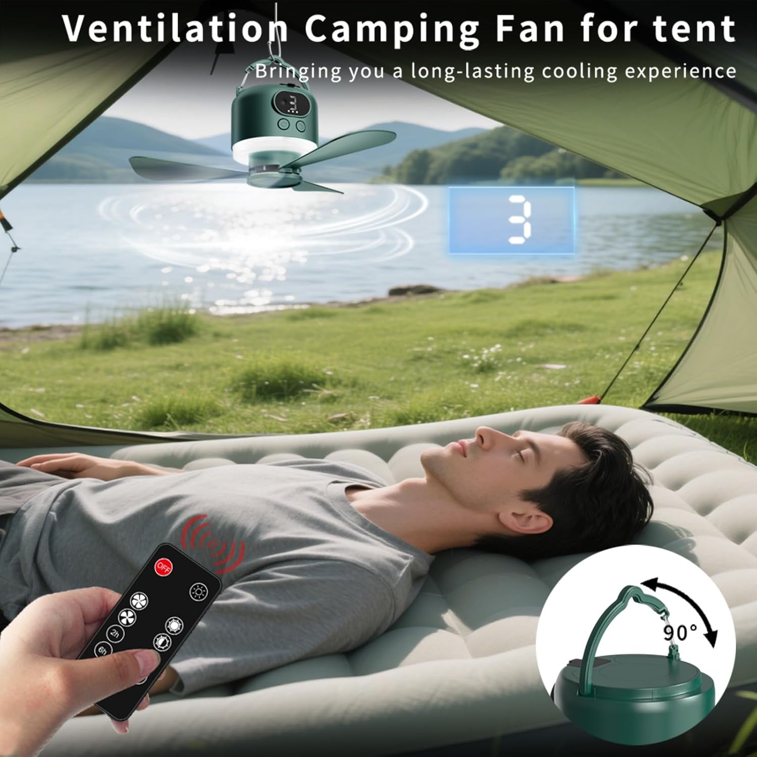 Geonfi 11-Inch Wireless Portable Camping Ceiling Fan with LED Light and Remote Green