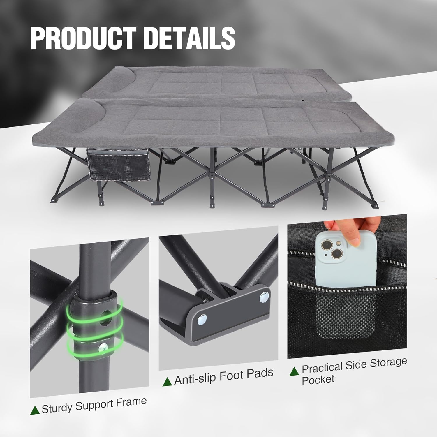 RedSwing 2-Person Folding Camping Cot Extra Wide Heavy Duty Grey