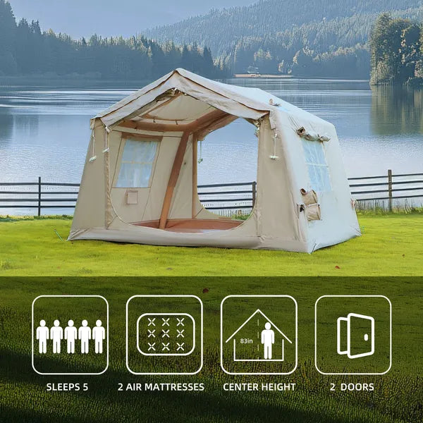 NEW SPACE Inflatable Camping Tent With Stove Jack 8.2 x 10.5 ft Beige