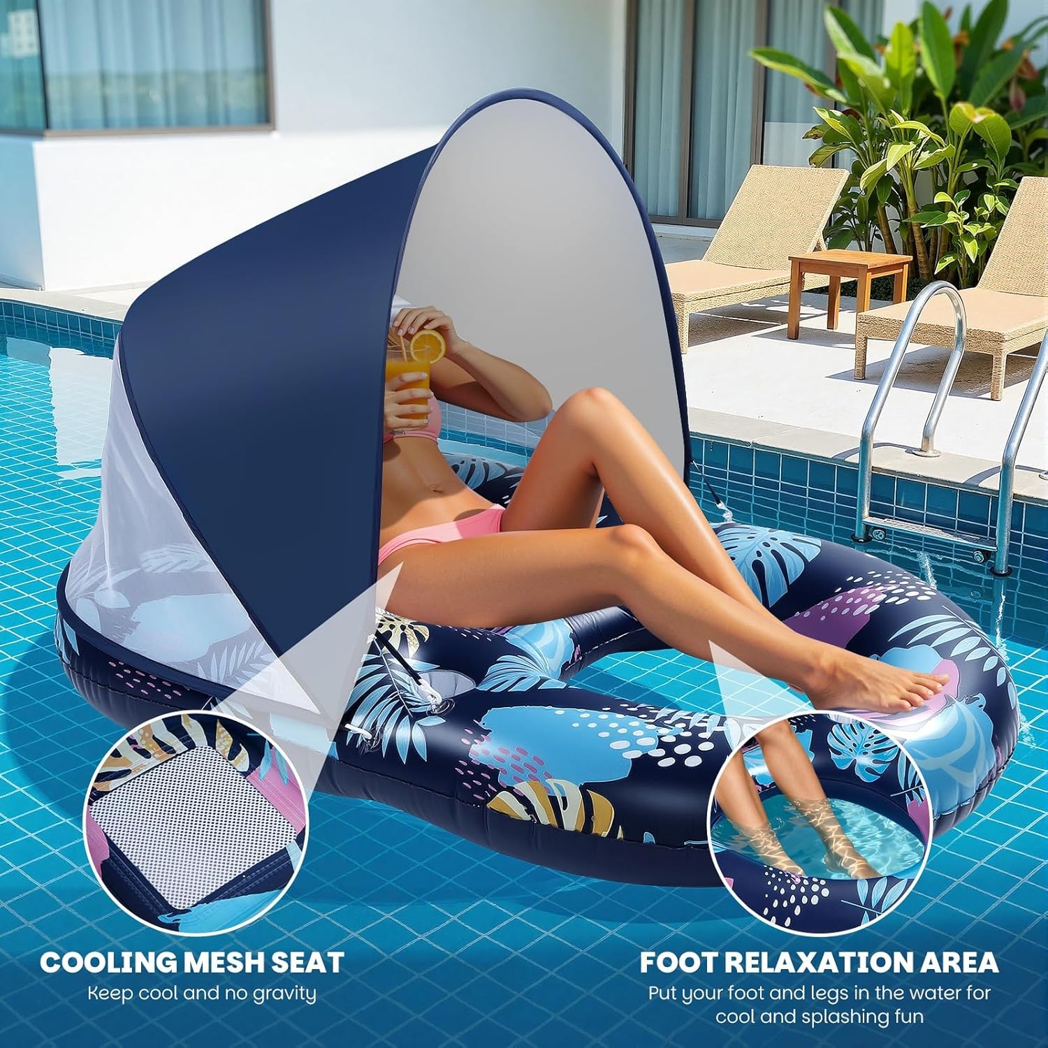 Deyhoc Inflatable Pool Float with UPF50+ Canopy Removable Dark Blue