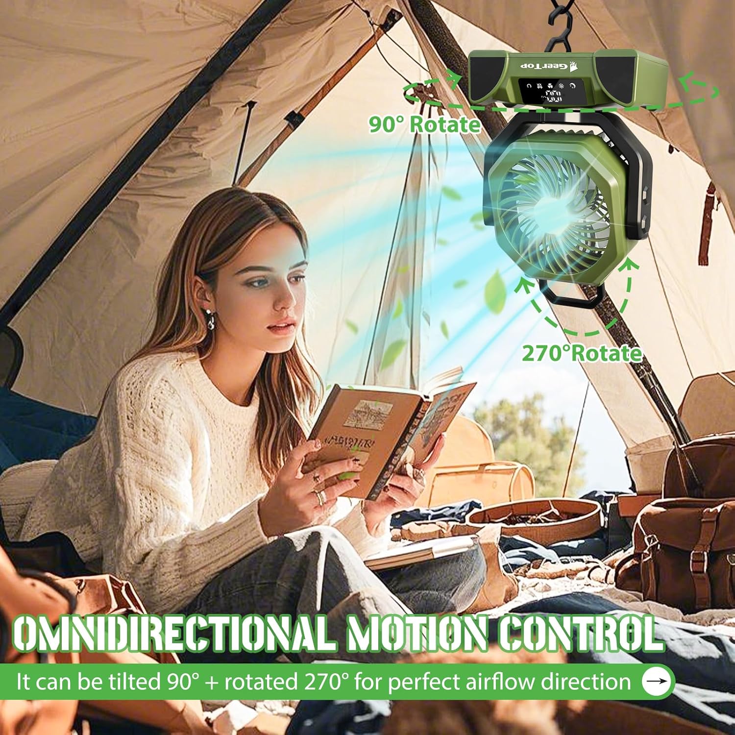 GEERTOP 20000mAh Portable Camping Fan Rechargeable, Battery Operated Tent Fans with LED Lantern for Outdoor Backpacking Travel