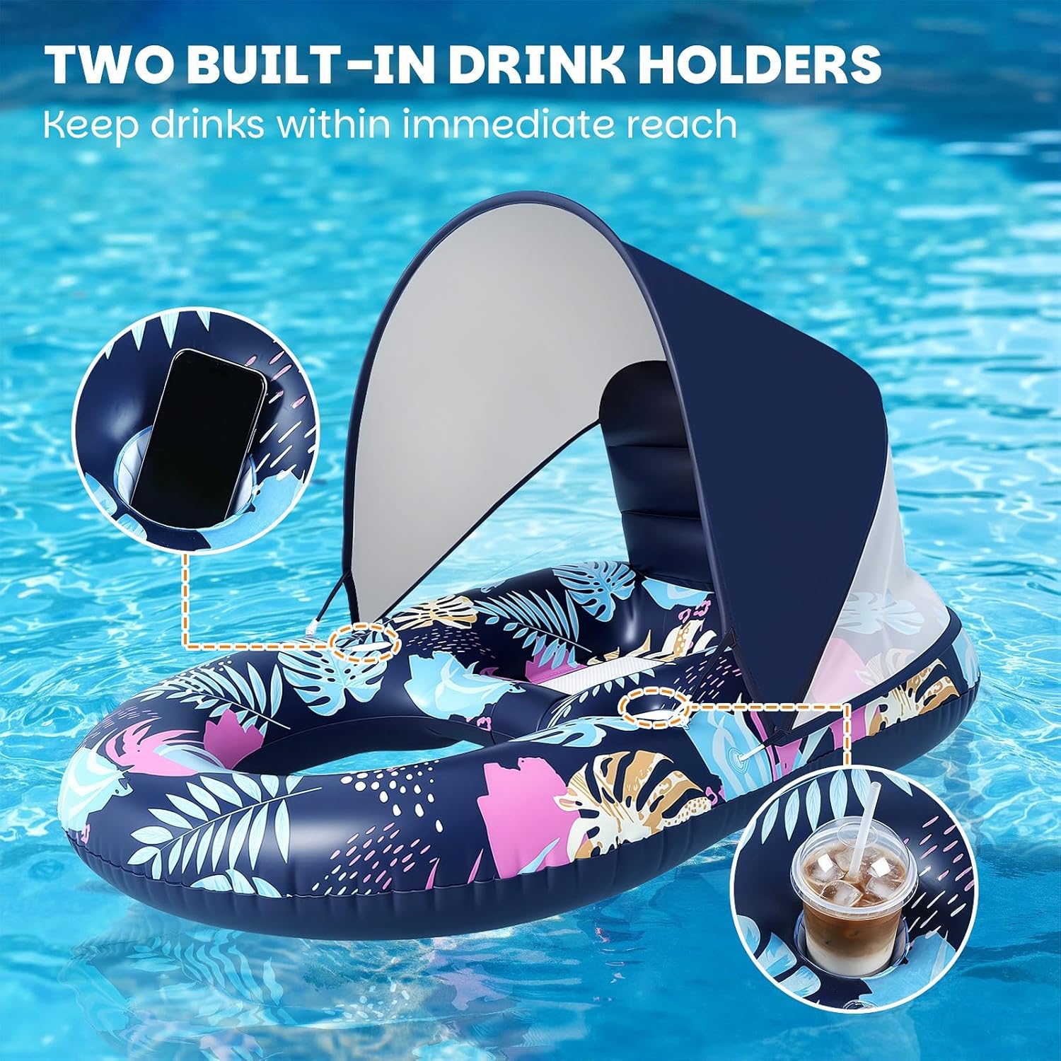 Deyhoc Inflatable Pool Float with UPF50+ Canopy Removable Dark Blue