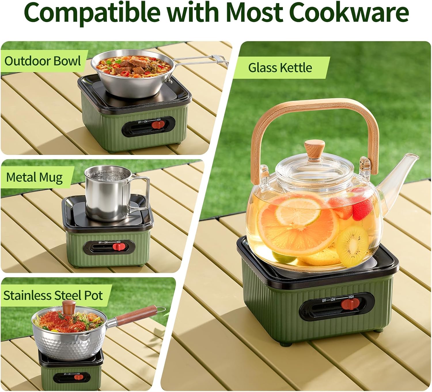 GEERTOP AMOS Portable Electric Hot Pot 1.4 qt with Cookware Set Green