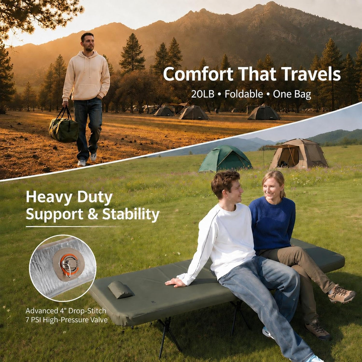 2 Person Camping Cot with Mattress 820 lb Capacity