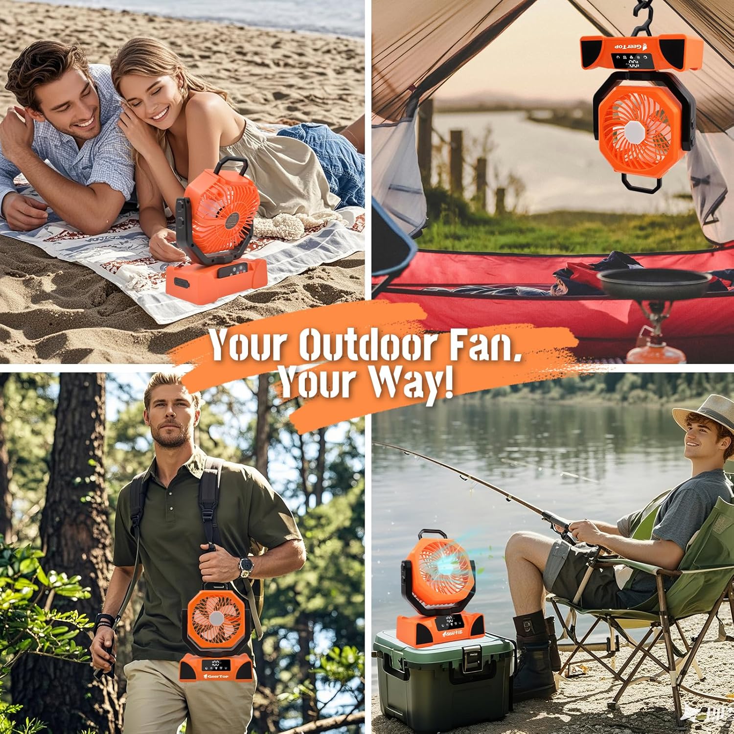 GEERTOP Rechargeable Outdoor Oscillating Fan with Remote - 10000mAh Battery Powered, 5 Speed Levels, Portable Camping Fan with Led Lanterns