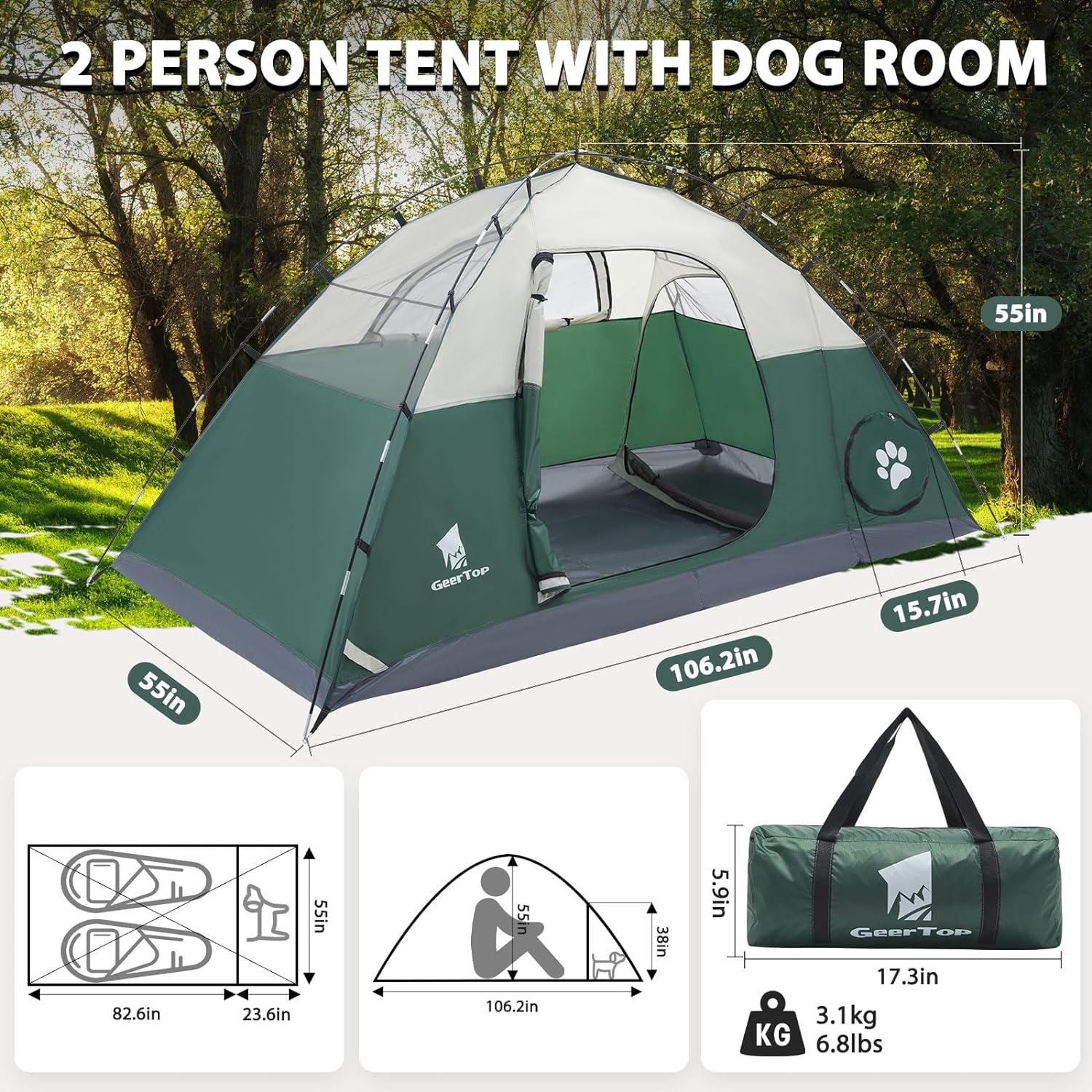 GeerTop 2 Person 3 Season Camping Tent with Individual Pet Dog Room Suitable For Tall Guys