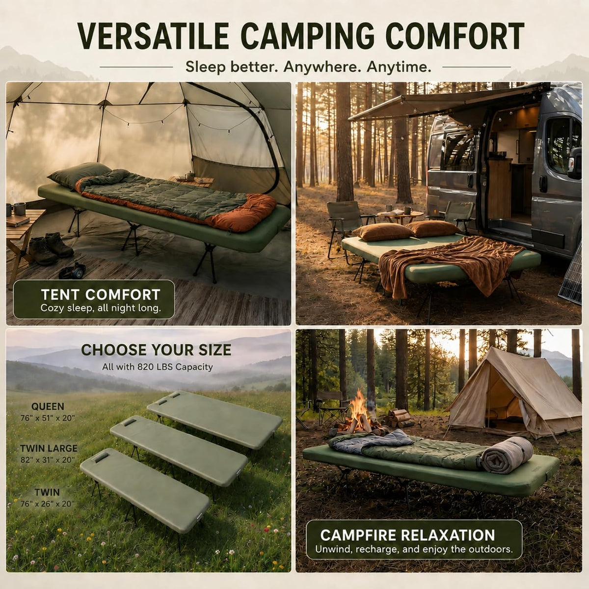 2 Person Camping Cot with Mattress 820 lb Capacity