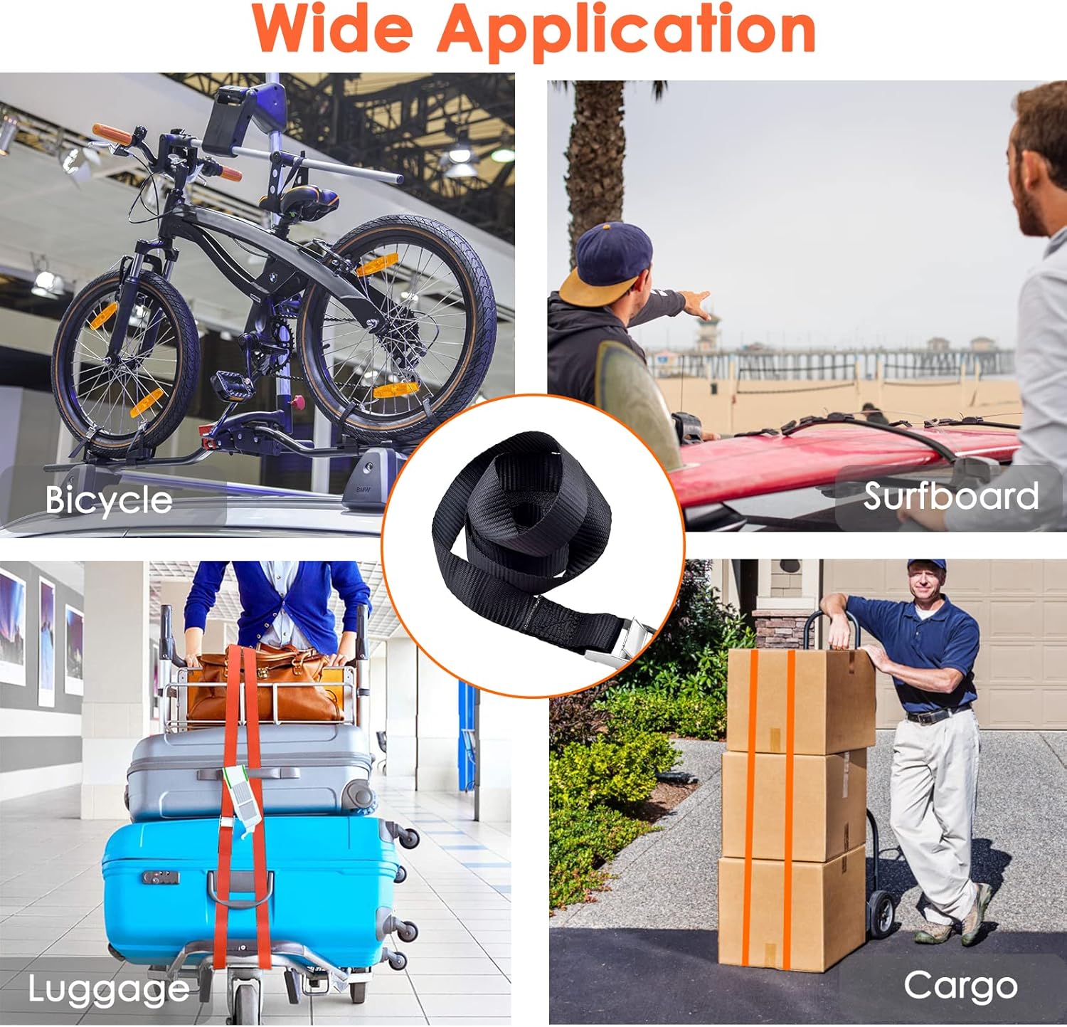 Lashing Straps 10' x 1'' Cam Buckle Tie Down Straps Heavy Duty Up to 800lbs for Cargo, Luggage, Bicycles, Motorcycles, Kayaks, Surfboards, Furniture & Moving Appliances (4PCS, Black & Orange)