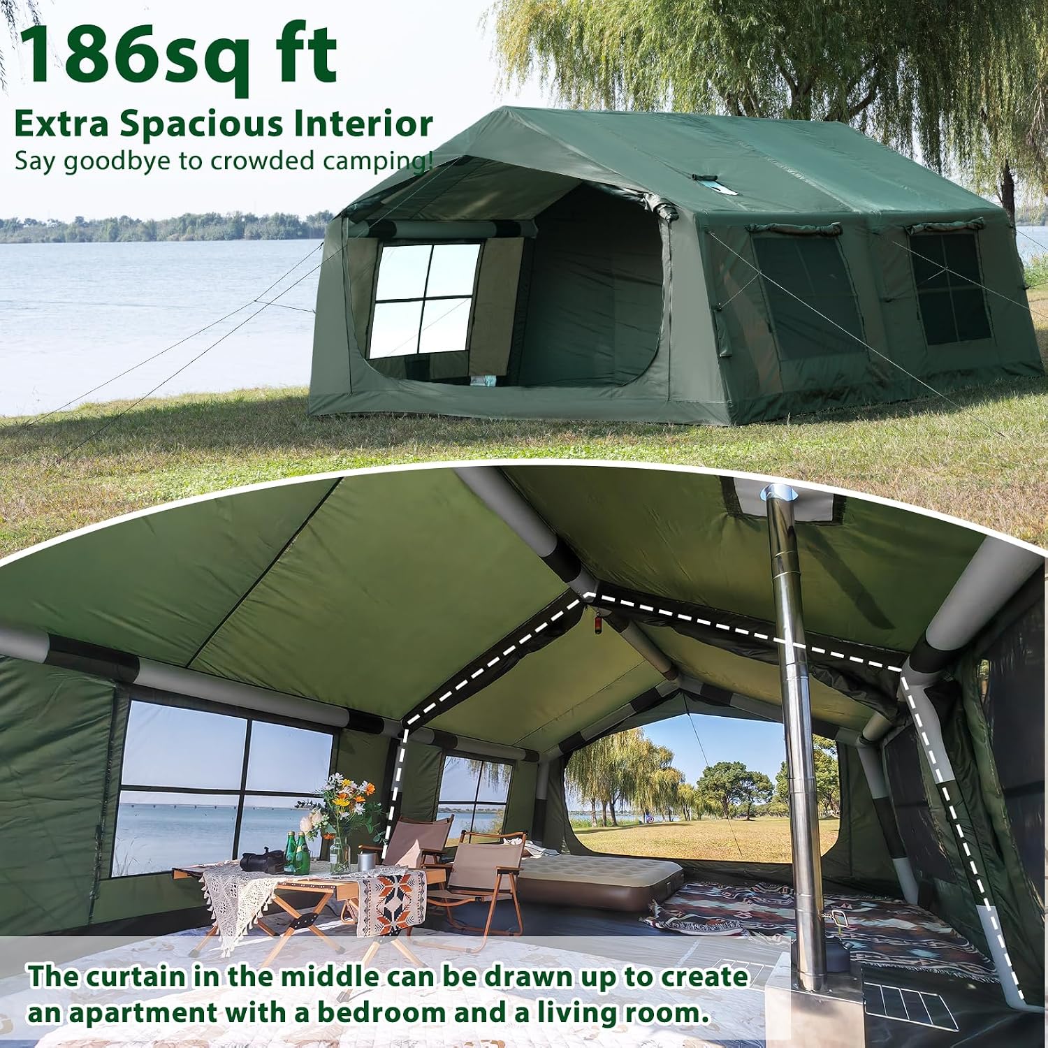 WaldWander 8-12 Person Inflatable Camping Tent with Stove Jack and Rainfly