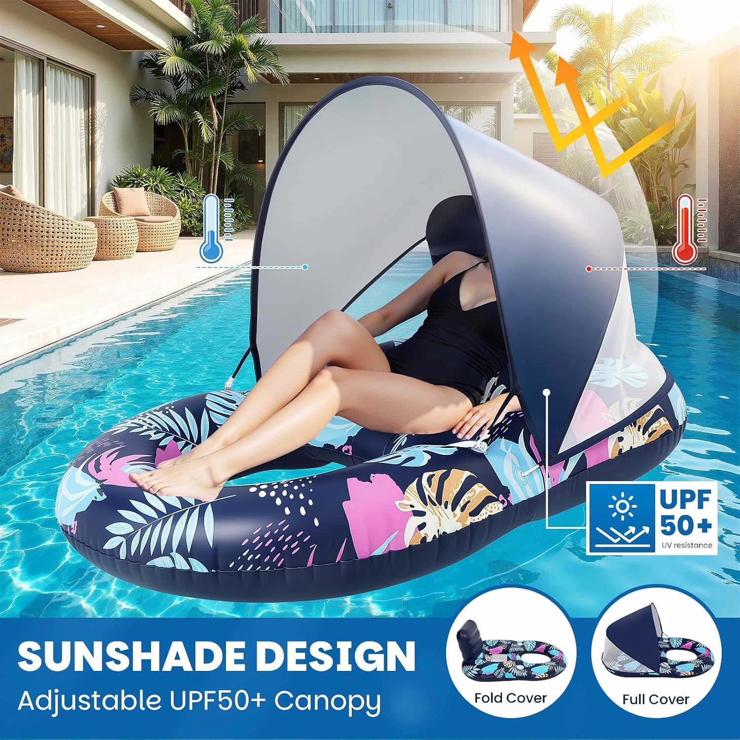 Deyhoc Inflatable Pool Float with UPF50+ Canopy Removable Dark Blue
