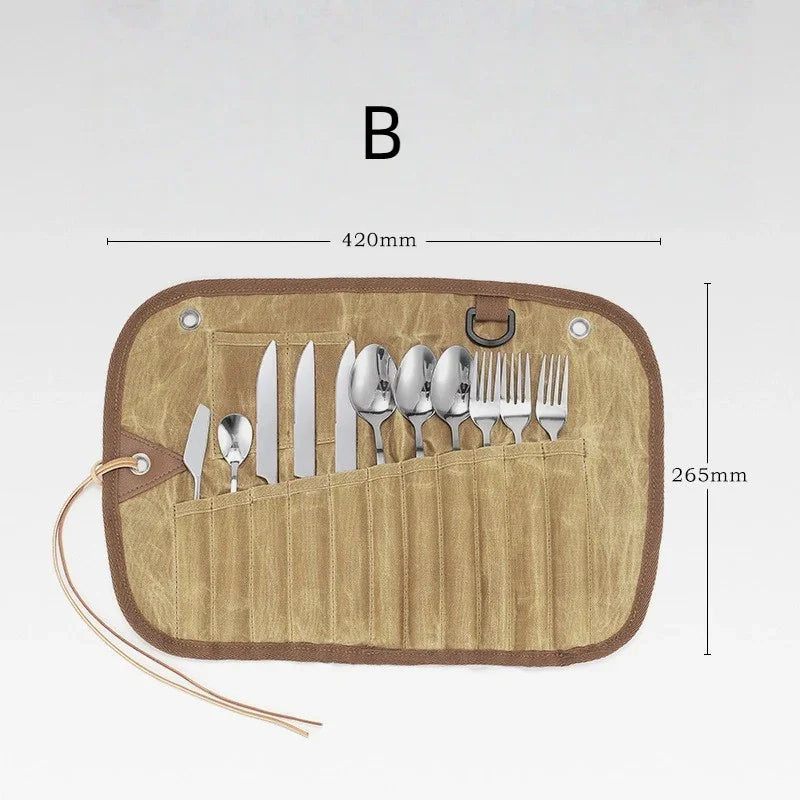 GEERTOP Canvas Cutlery Roll with 11-Piece Utensil Set