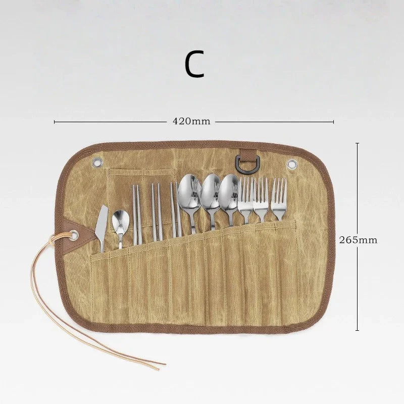 GEERTOP Canvas Cutlery Roll with 11-Piece Utensil Set