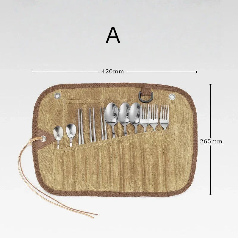 GEERTOP Canvas Cutlery Roll with 11-Piece Utensil Set