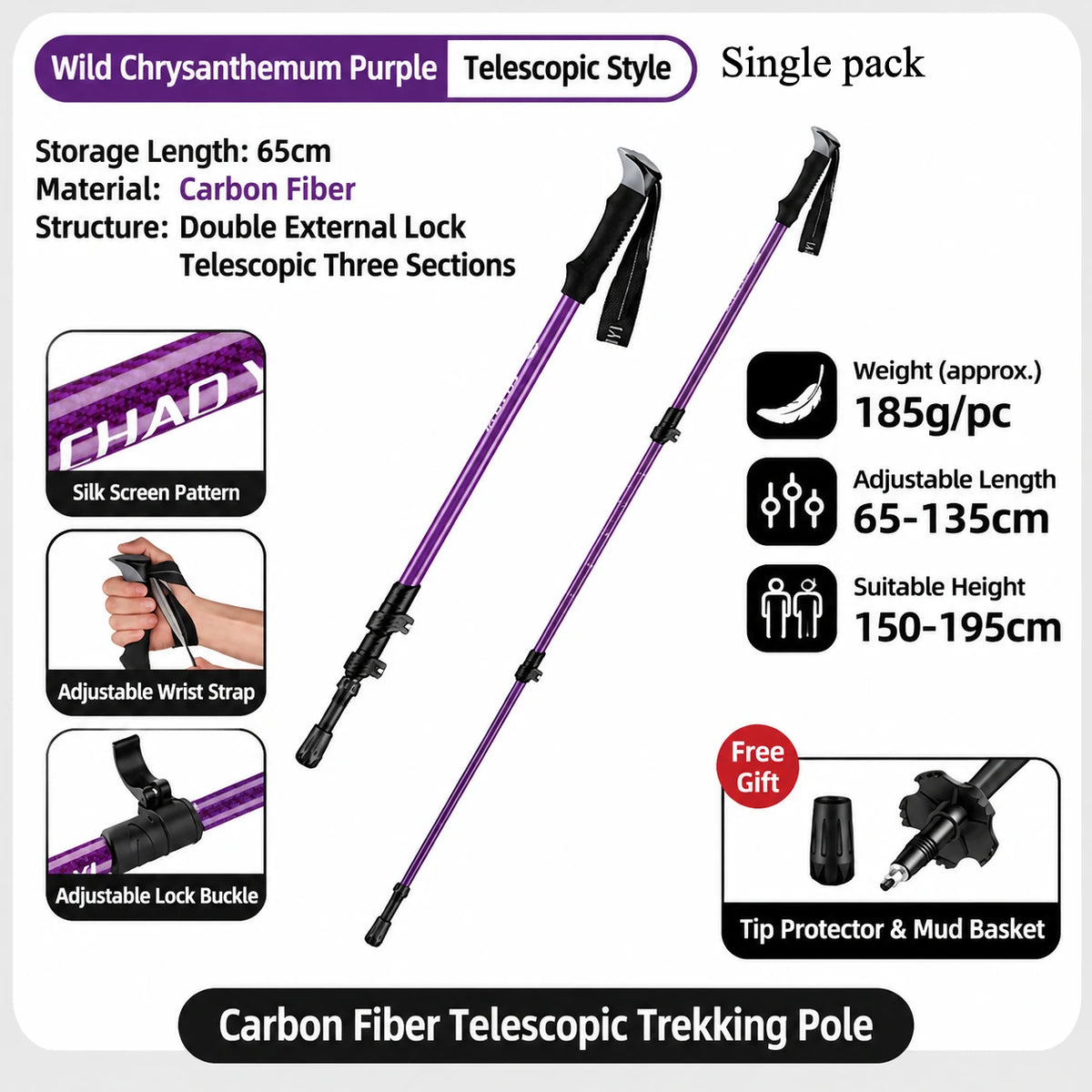Carbon Fiber Telescopic Trekking Pole 3 Section Adjustable Hiking Stick