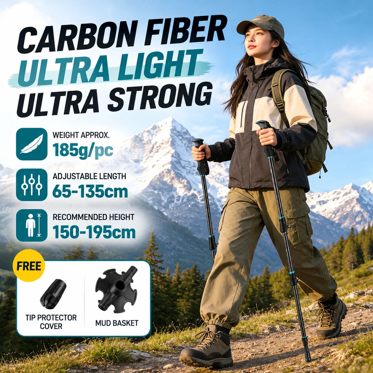 Carbon Fiber Telescopic Trekking Pole 3 Section Adjustable Hiking Stick