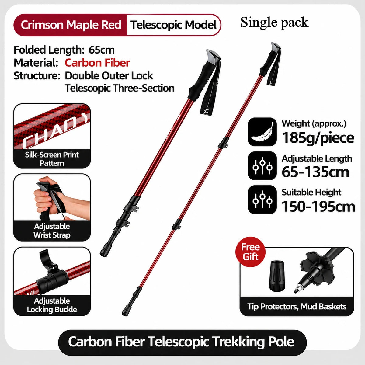 Carbon Fiber Telescopic Trekking Pole 3 Section Adjustable Hiking Stick