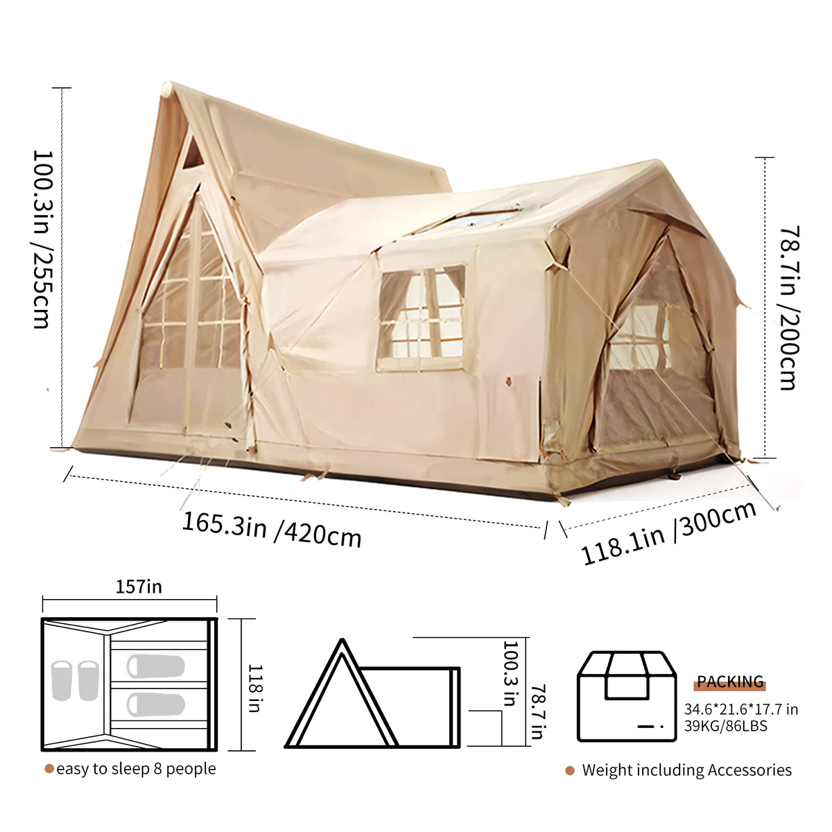 8-10 Person Inflatable Camping Tent 135 sq ft Light Yellow
