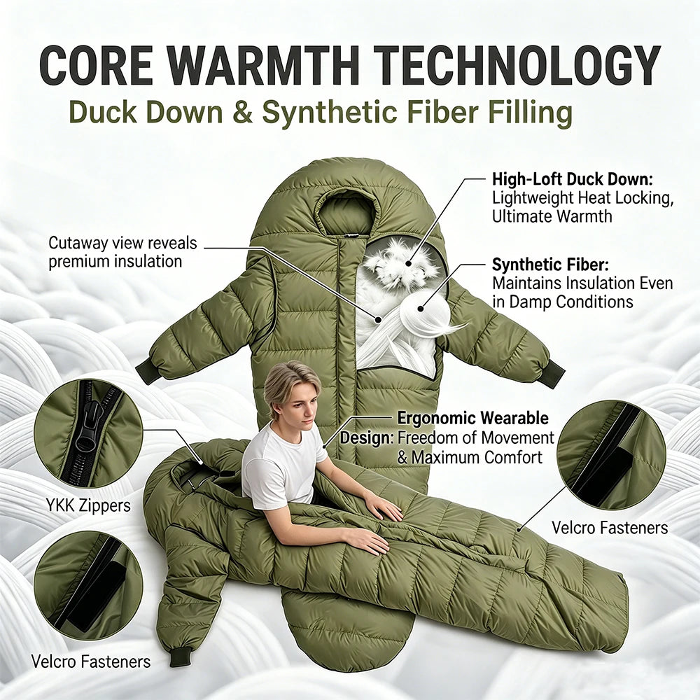 Wearable Hybrid Mummy Sleeping Bag with Arms