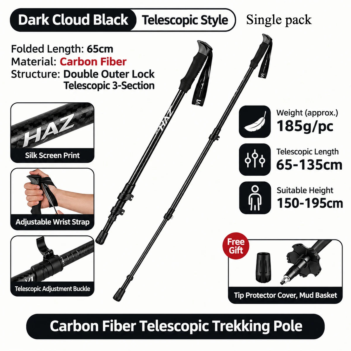 Carbon Fiber Telescopic Trekking Pole 3 Section Adjustable Hiking Stick