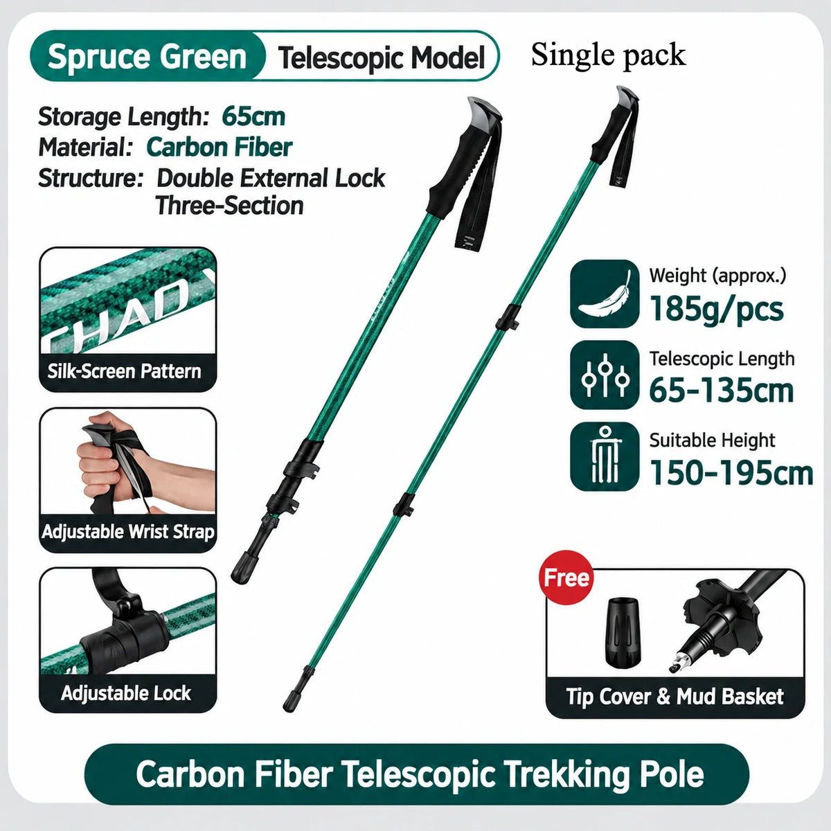 Carbon Fiber Telescopic Trekking Pole 3 Section Adjustable Hiking Stick